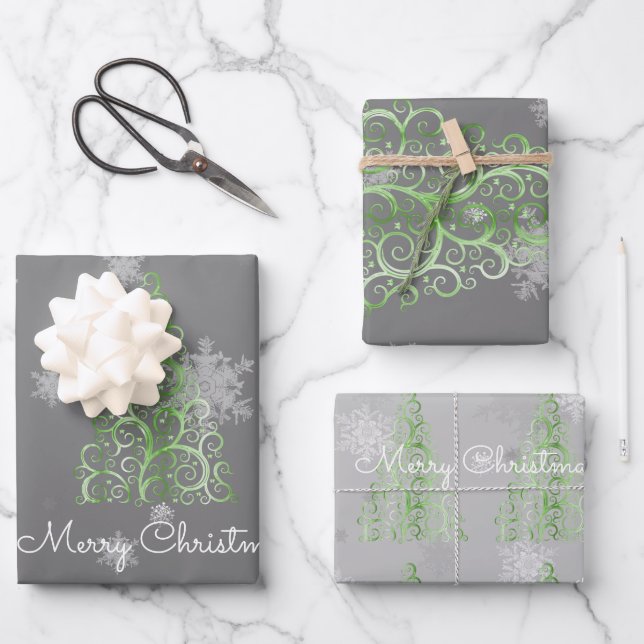 Grünes Weihnachtsbaum und Schneeflocken Geschenkpapier Set (Vorderseite)