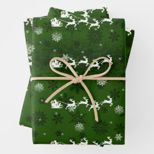 Grünes Weihnachtsblatt zum Schlitten und Rentieren Geschenkpapier Set