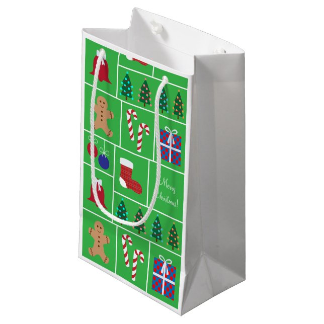 Grünes Weihnachtsmuster-kleine Geschenk-Tasche Kleine Geschenktüte (Vorderseite Schrägansicht)