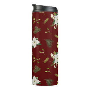 Grünes weißes Blumenmuster auf Marone Thermosbecher