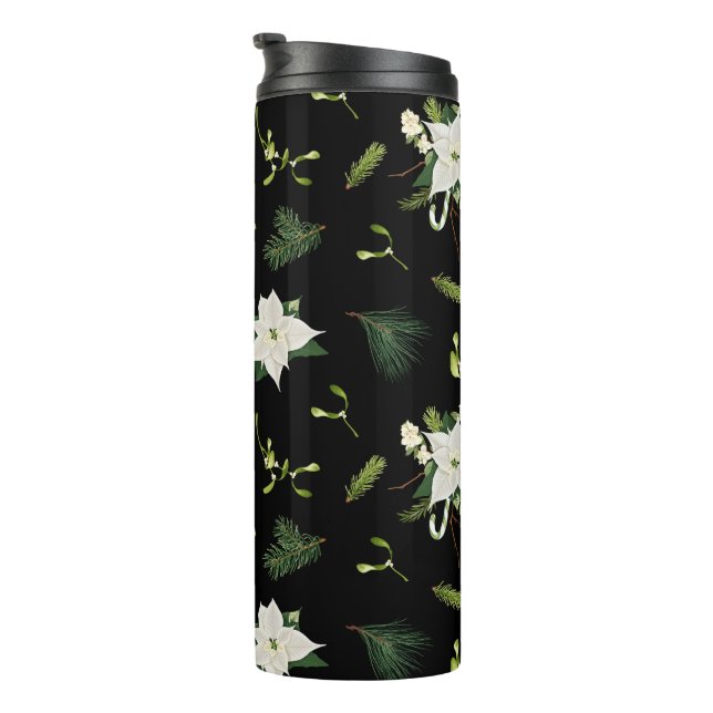 Grünes weißes Blumenmuster auf Schwarz Thermosbecher (Nach rechts gedreht)