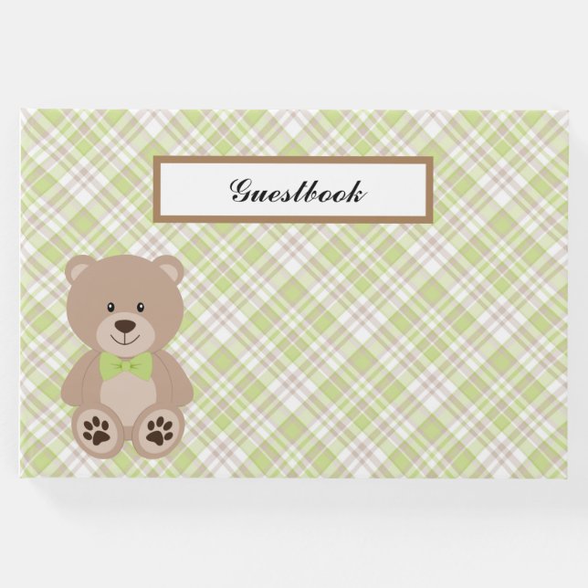 GRÜNES WEISSES KARIERTES PATTER MIT TEDDY-BAR GÄSTEBUCH (Vorderseite)