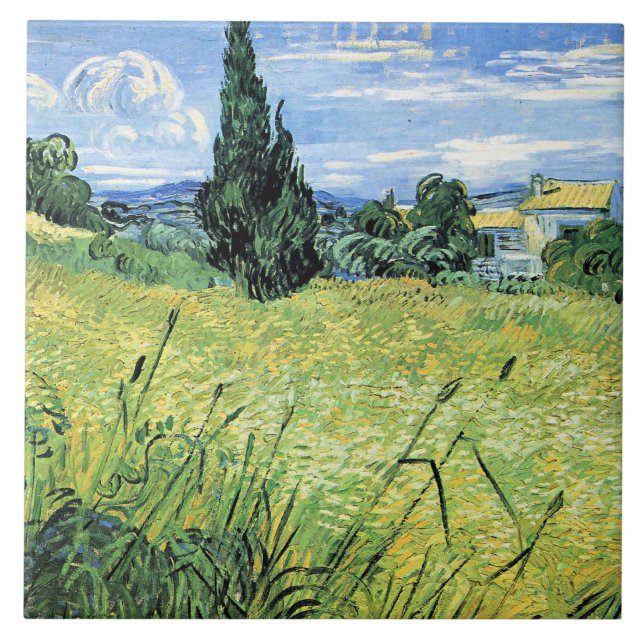 Grünes Weizenfeld mit Zypresse, Fliese (Vorderseite)
