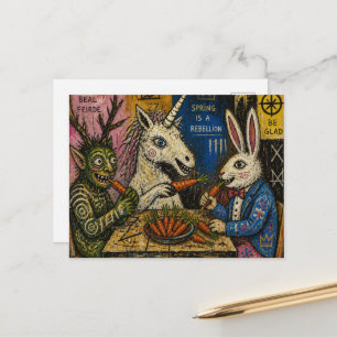 Grünes Wesen, Einhorn und Hase essen Karotten Postkarte