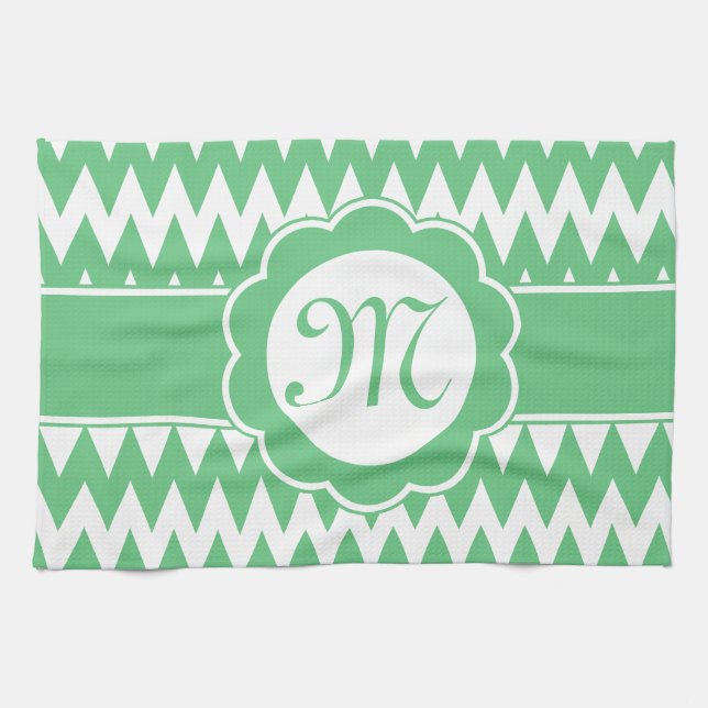 Grünes Zickzack Muster und Monogramm-Blume Handtuch (Horizontal)