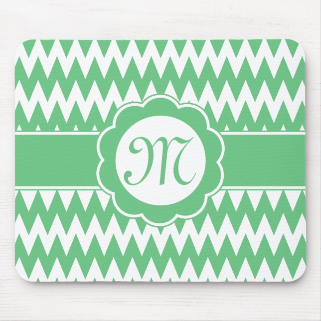 Grünes Zickzack Muster und Monogramm-Blume Mousepad (Vorne)