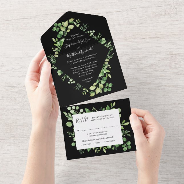 Grünfoliage-Blätter Botanische Hochzeit Schwarz All In One Einladung (Abreißen)
