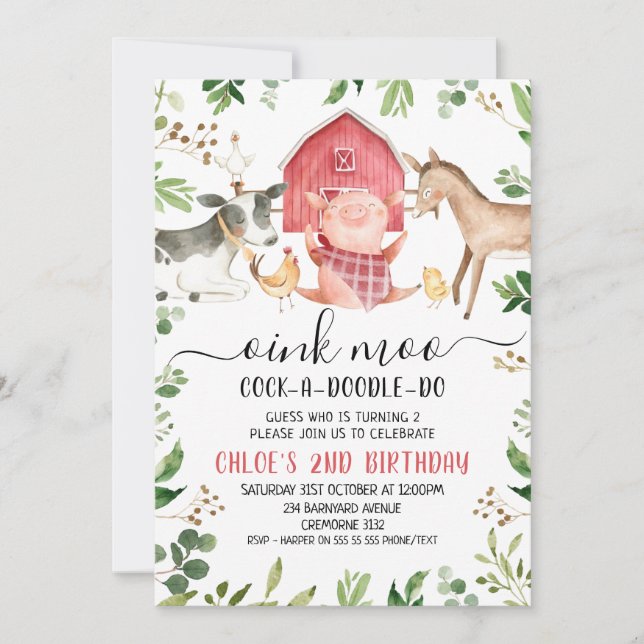 Grünfoliage Landtiere 2. Geburtstag Einladung (Vorderseite)