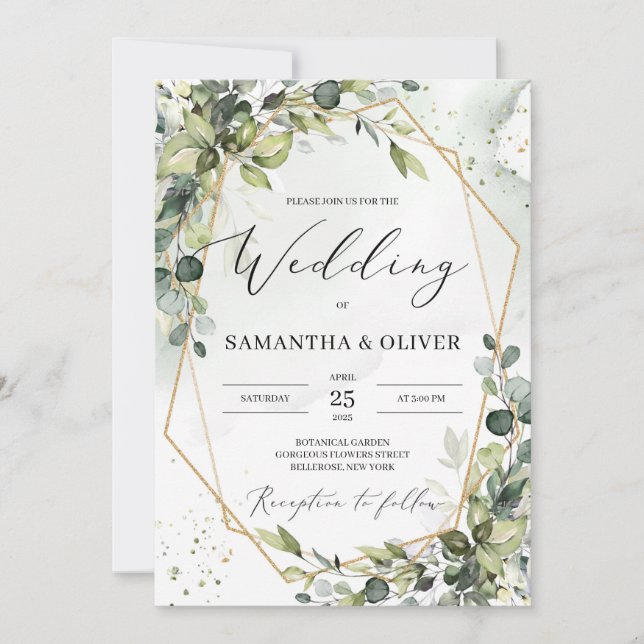 Grünfolien Blätter geometrische Hochzeit Einladung (Vorderseite)