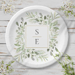 Grünfolien-Monogramm-Hochzeit Pappteller<br><div class="desc">Diese eleganten botanischen Papieren-Teller mit zarten Aquarell-Blätter können mit Ihren Monogramm-Initialen personalisiert werden. Entwickelt von Thisisnotme©</div>