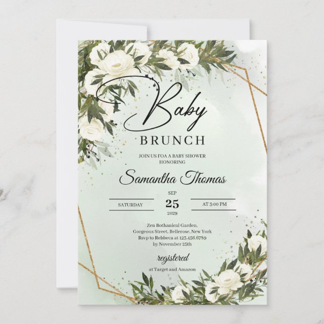 Grünfolien, weiße Rosen, goldener Rahmen Brunch Einladung (Vorderseite)