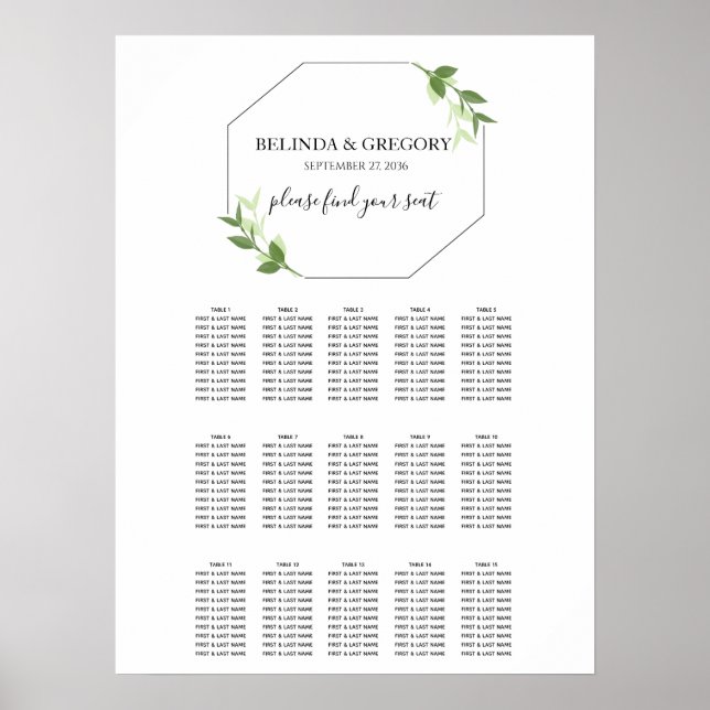 Grüngarten Blätter Rahmen Hochzeitsdiagramm Poster (Vorne)