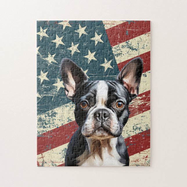 Grunge American Flag Boston Terrier Dog (Vertikal)