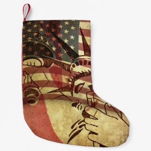 Grunge-amerikanische Flagge: Texturhintergrund. Kleiner Weihnachtsstrumpf