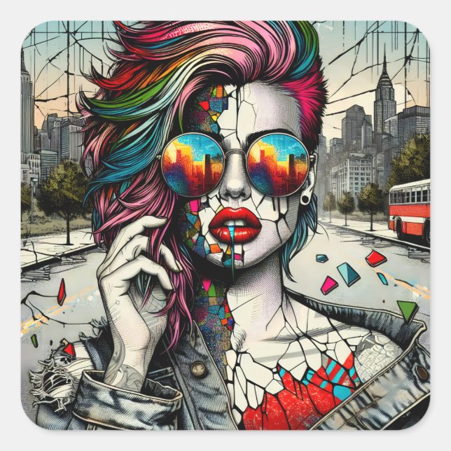 Grunge Art | Fractured Woman Abstrakt Quadratischer Aufkleber (Vorderseite)