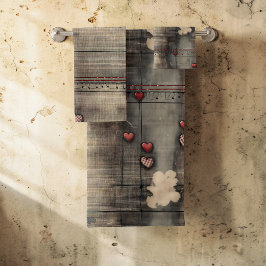 Grunge Black and Cream with Red Hearts Badhandtuch Set