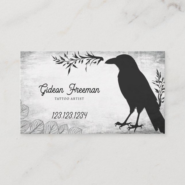 Grunge Black and White Crow Tattoo Artist Visitenkarte (Vorderseite)