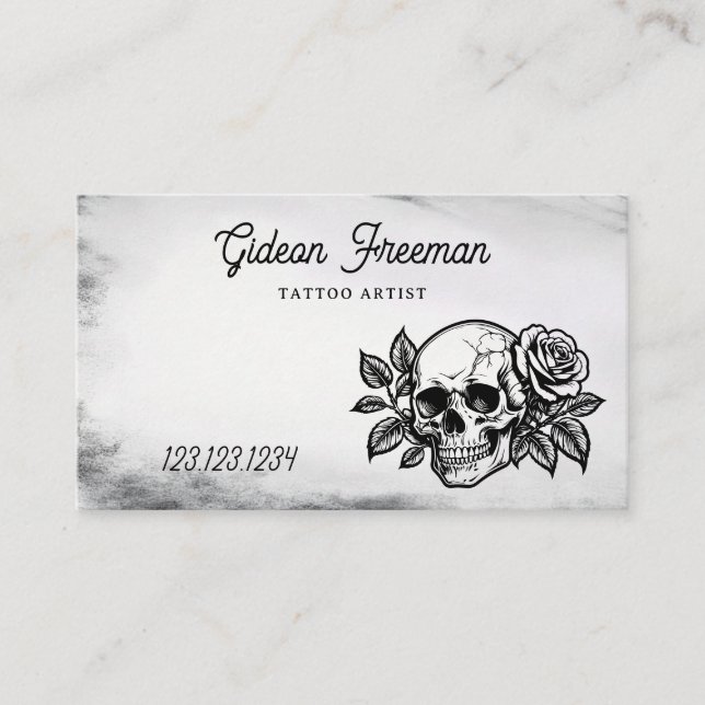 Grunge Black and White Rose Skull Tattoo Artist Visitenkarte (Vorderseite)