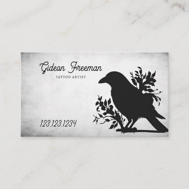 Grunge Black & White Crow Tattoo Artist Visitenkarte (Vorderseite)