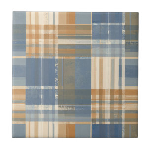 Grunge Blau und Rostorange kariertes Plaid Fliese