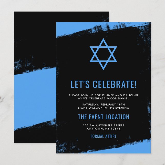 Grunge Blue Black Bar Mitzvah Empfang Einladung (Vorne/Hinten)