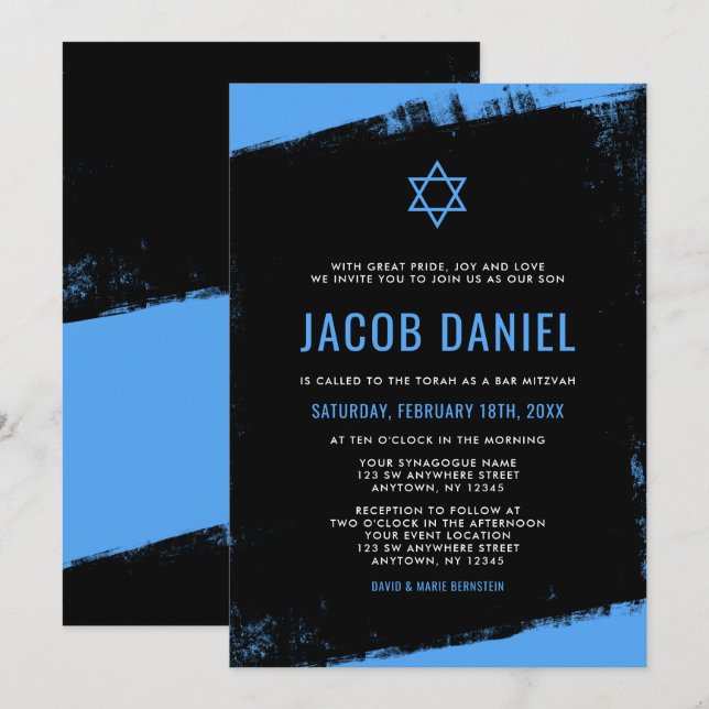 Grunge Blue Black Bar Mitzvah Invitations (Devant / Derrière)