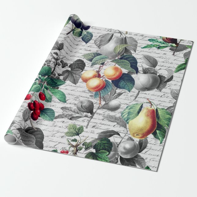 Grunge Botanisches Vintages Obst mit Script Geschenkpapier (Ungerollt)