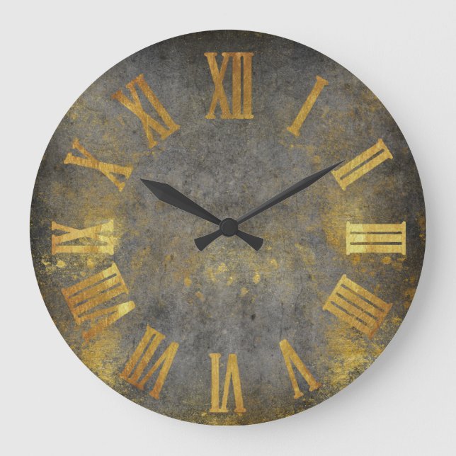 Grunge Cement Gray Gold Metal Minimal Roman Number Große Wanduhr (Vorderseite)