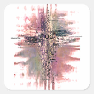 Grunge christliche Worte Kreuz Quadratischer Aufkleber