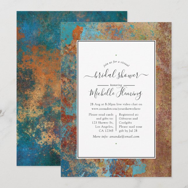 Grunge Copper Patina & Aquamarines virtuelles Brau Einladung (Vorne/Hinten)