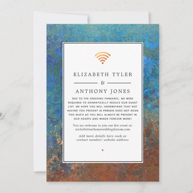 Grunge Copper Patina & Türkis Virtual Wedding Ankündigung (Vorderseite)