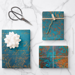 Grunge Copper Patina und Türkis Geschenkpapier Set