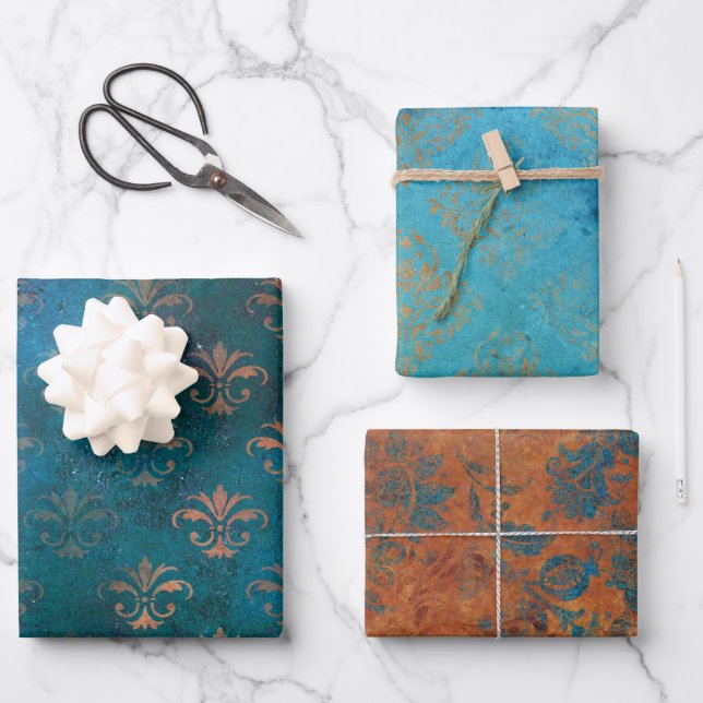 Grunge Copper Patina und Türkis Geschenkpapier Set (Vorderseite)