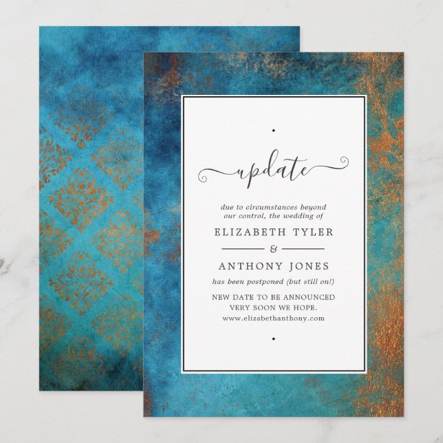 Grunge Copper Patina und Türkis Wedding Update Einladung (Vorne/Hinten)