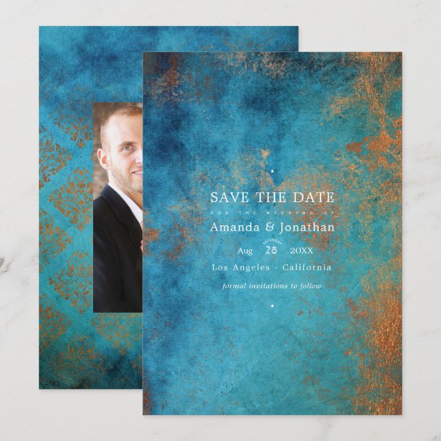 Grunge Copper Patina und türkisfarbene Hochzeit Save The Date (Vorne/Hinten)