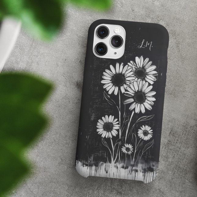 Grunge Daisy Schwarz-weiß Monogram Individuelle Na iPhone 16 Hülle (Von Creator hochgeladen)