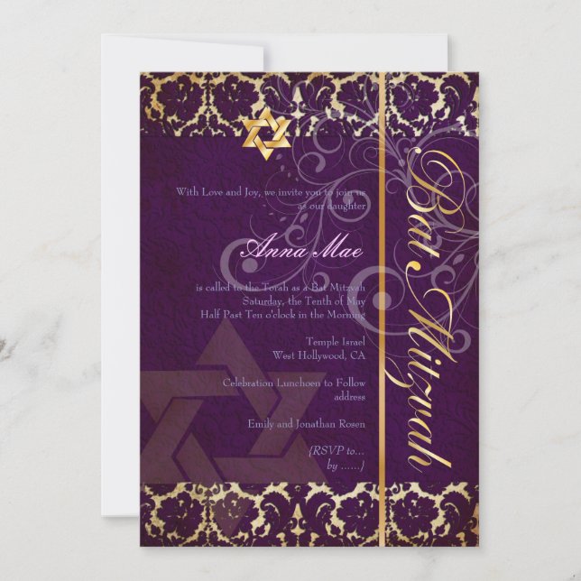 Grunge Damask Bat Mitzvah/plum/gold Einladung (Vorderseite)