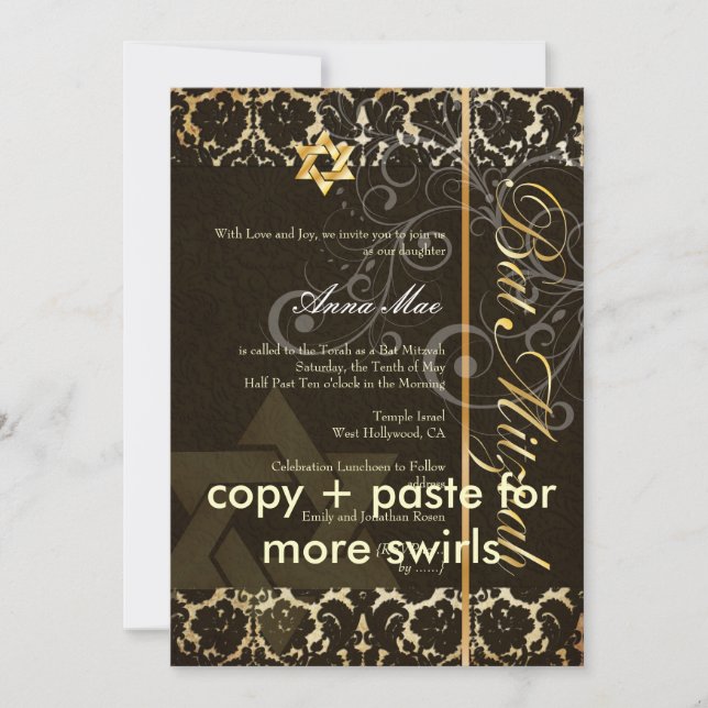 Grunge Damask Bat Mitzvah/Schwarz/Gold Einladung (Vorderseite)