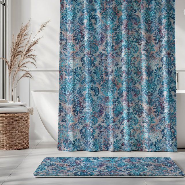 Grunge Damask Denim Blue Burgundy Peach Blush Pink Duschvorhang (Von Creator hochgeladen)