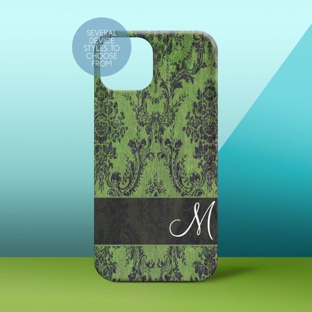 Grunge Damask Muster auf Galaxie mit Monogramm iPhone 15 Hülle (Personalized Phone Case)