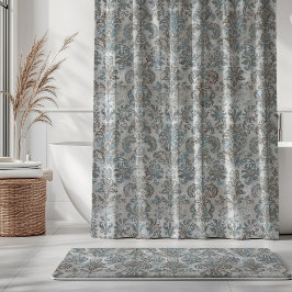 Grunge Damask Taupe Sky Blue Cream Grey Duschvorhang