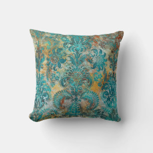 Grunge Damast Aqua Viridian Senf Terrakotta  Kissen