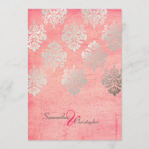 Grunge Damast/rosa/falsche silberne Hochzeits-Einl Einladung