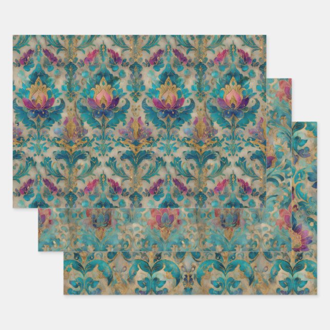 GRUNGE DISTRESSEITE DAMASK DEKORATIVE PAPIERE SET GESCHENKPAPIER SET (Set)