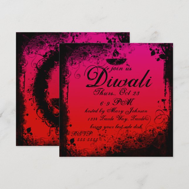 Grunge Diwali Deepa Pink und Orange Einladung (Vorne/Hinten)