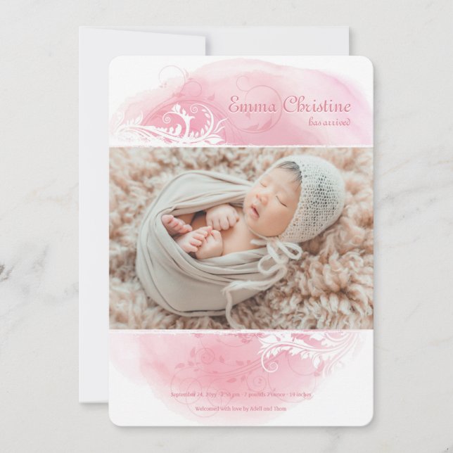 Grunge Floral Photo Faire-part de naissance (Devant)