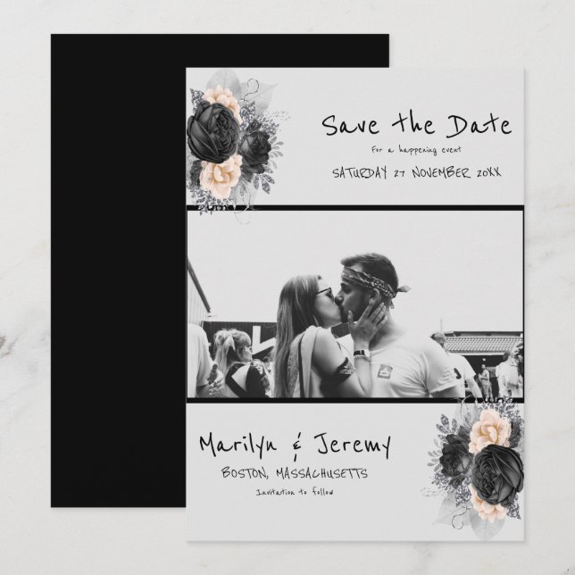 Grunge Foto Black Floral Save the Date Karte (Vorne/Hinten)