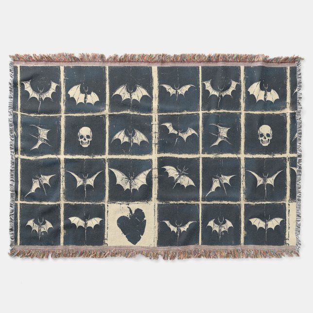Grunge Gothic Bats & Skulls Denim Muster Decke (Vorderseite)