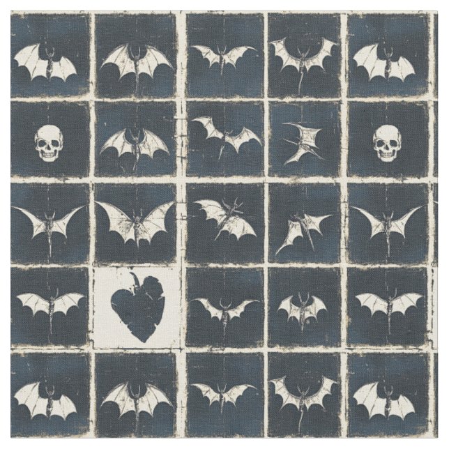 Grunge Gothic Bats & Skulls Denim Muster Stoff (Nahaufnahme)