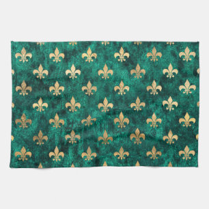 Grunge Grün Samt Fleur De Lis Mardi Gras Geschirrtuch